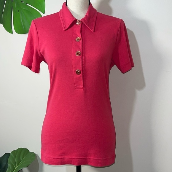 Tory Burch Short Sleeve Pima Cotton Polo Gold Logo Buttons in Cranberry - Small - Picture 1 of 9